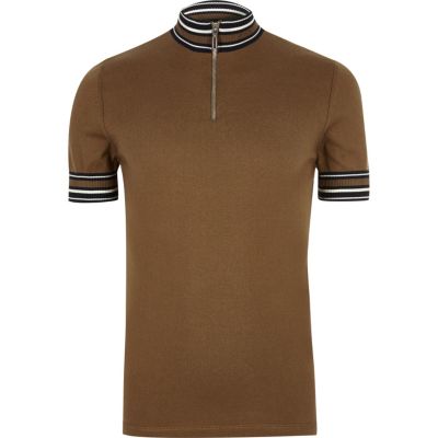 Brown stripe turtleneck polo shirt